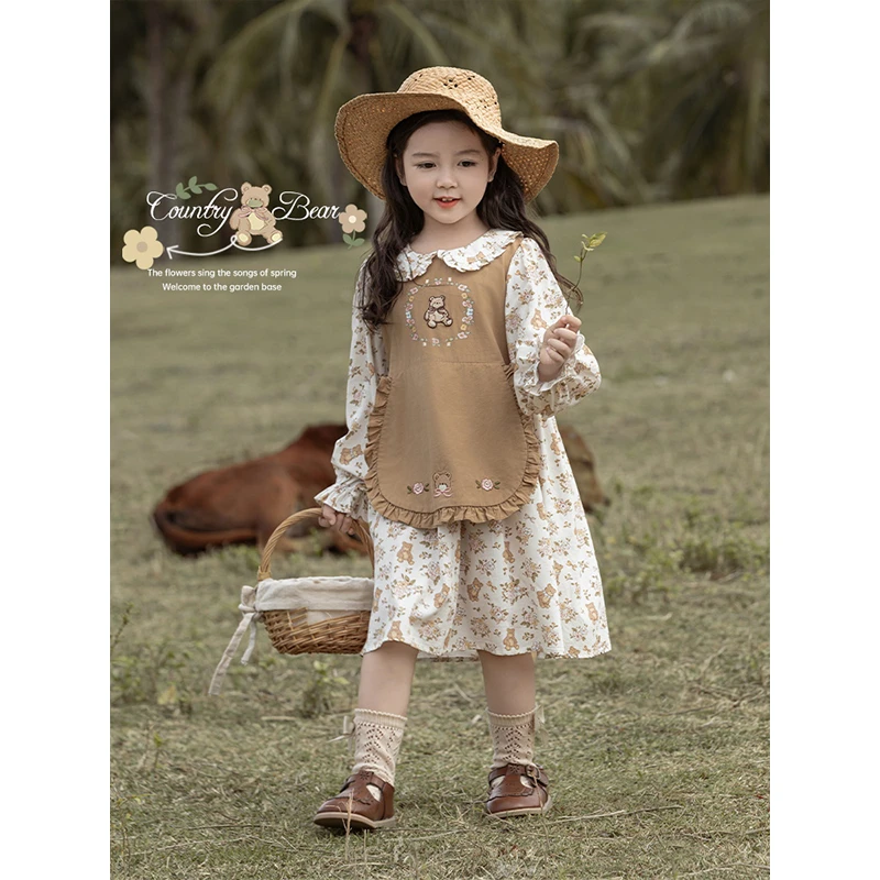 幼悠【田园小熊】春贰波春秋复古碎花长袖洋气百搭女童连衣裙 C3093