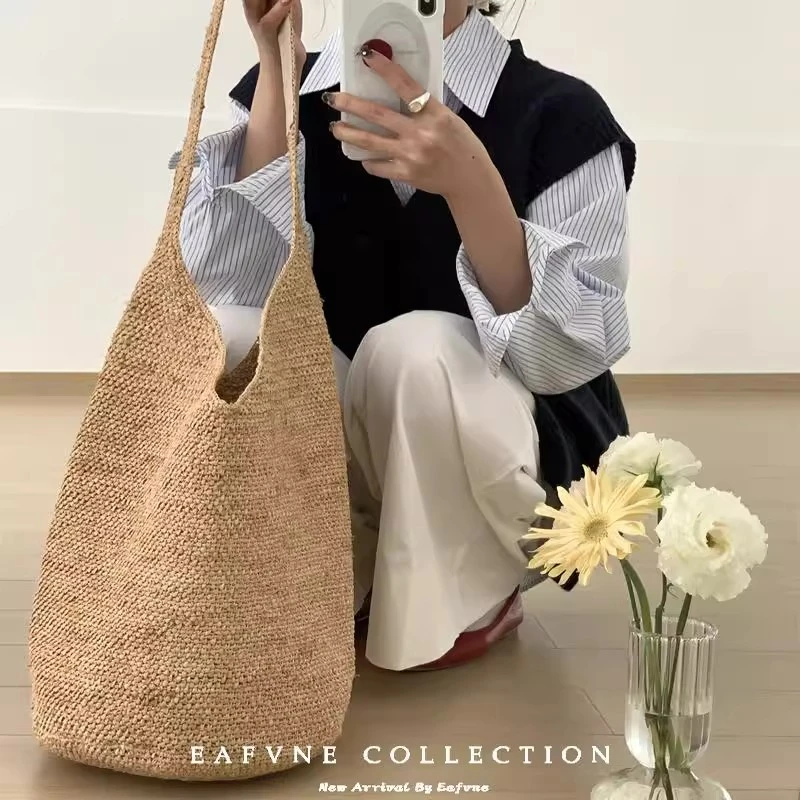 拉菲草编包单肩水桶编织包韩国ins大容量手提包夏海边度假沙滩包