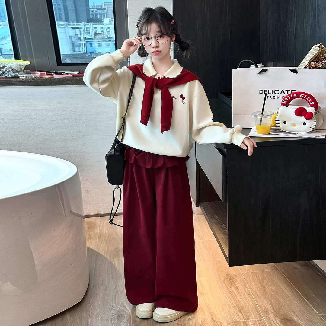 女童秋装披肩卫衣三件套2025新款洋气学院风6-12岁15女孩休闲套装