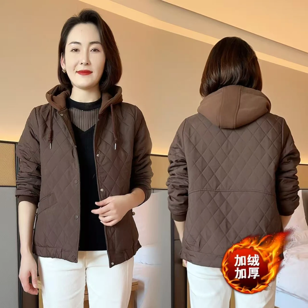2025新款冬装中年加绒加厚连帽菱格棉袄妈妈装休闲宽松外套棉服女