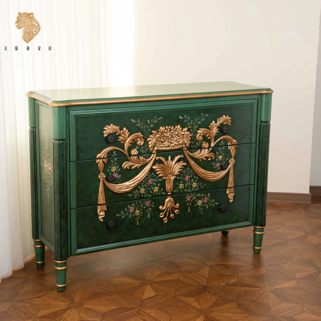 百瑞新美式入户斗柜轻奢玄关柜金色祖母绿三斗柜-ZG-SDG