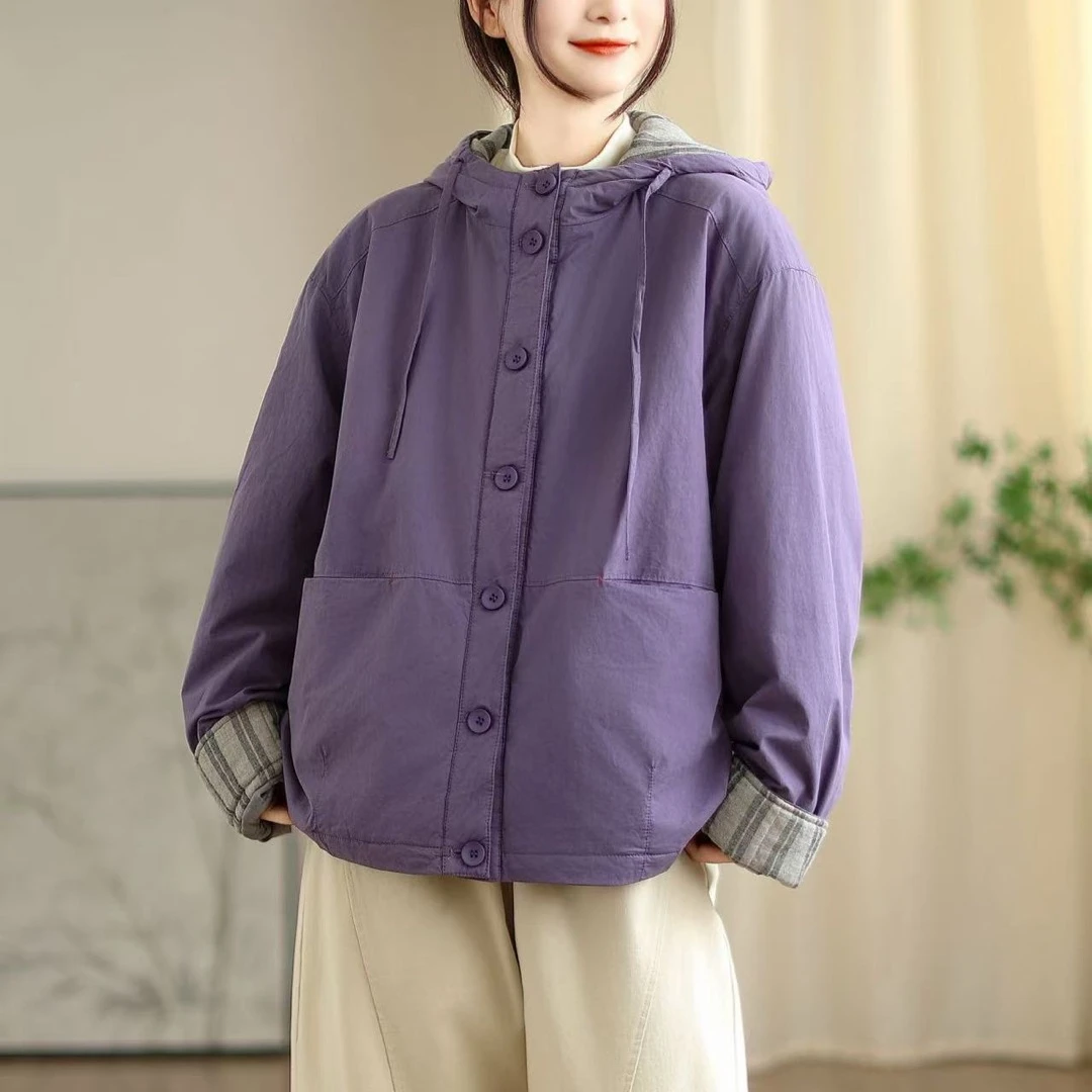 内里格纹连帽夹棉棉袄保暖棉服2025冬季复古纯棉风衣双层外套女