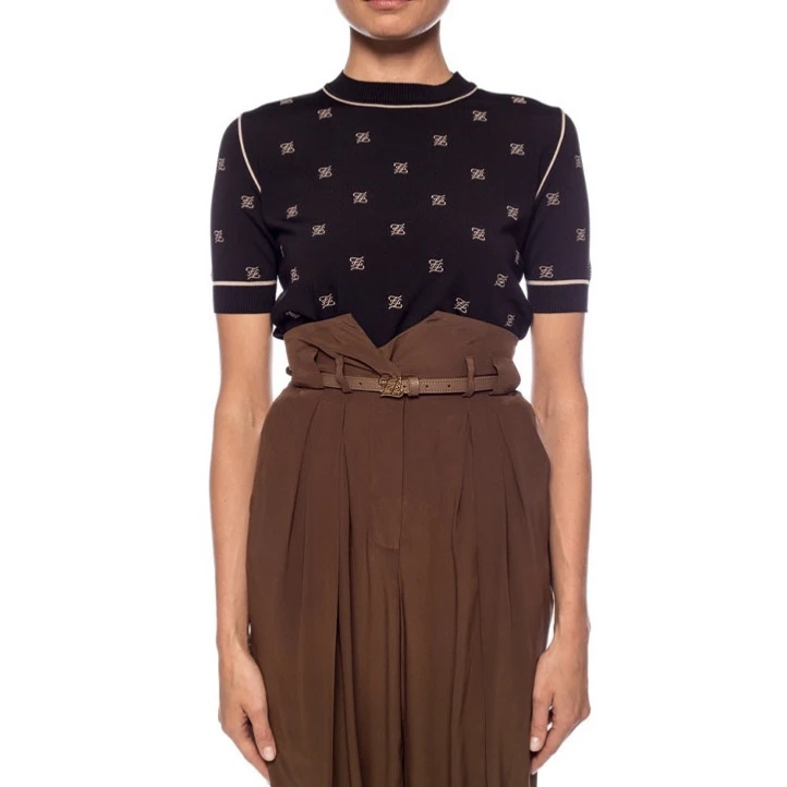 99新 FENDI/芬迪 黑色logo刺绣满印圆领套头短袖针织衫/36码/99新