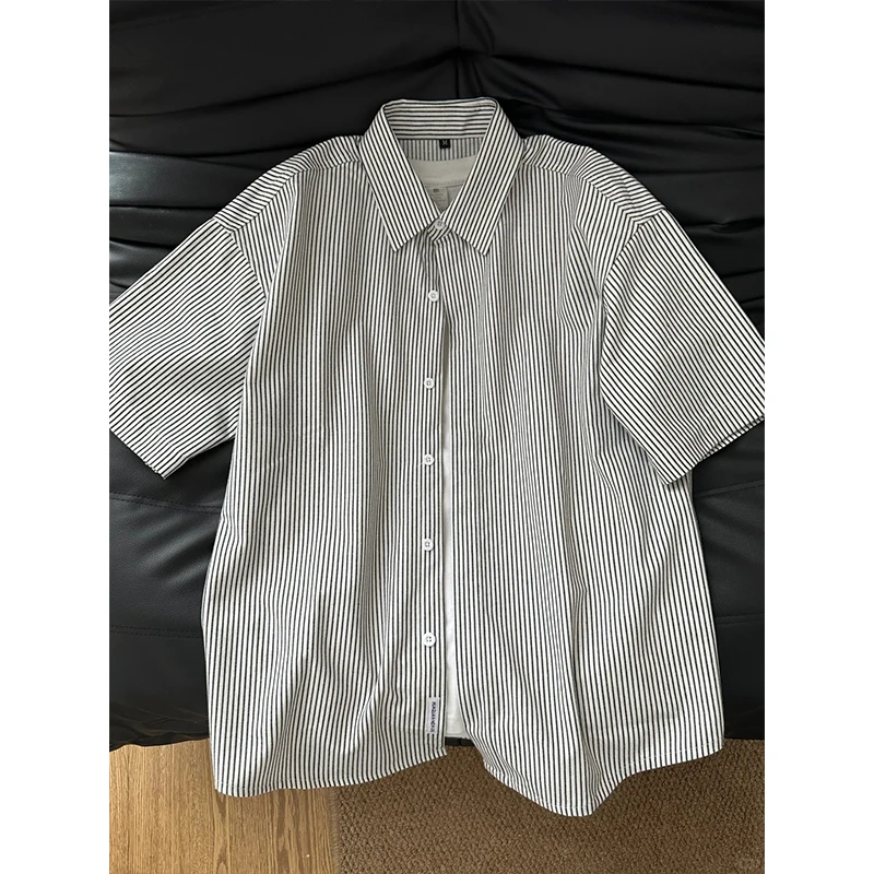 黑白条纹短袖衬衫男夏季薄款宽松高级感休闲防晒衬衣vintage外套
