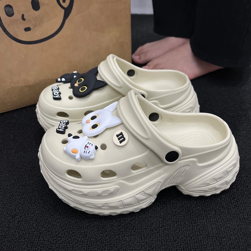 卡通小猫厚底洞洞鞋女款2025夏季新款爆款踩屎感增高防滑拖鞋女鞋