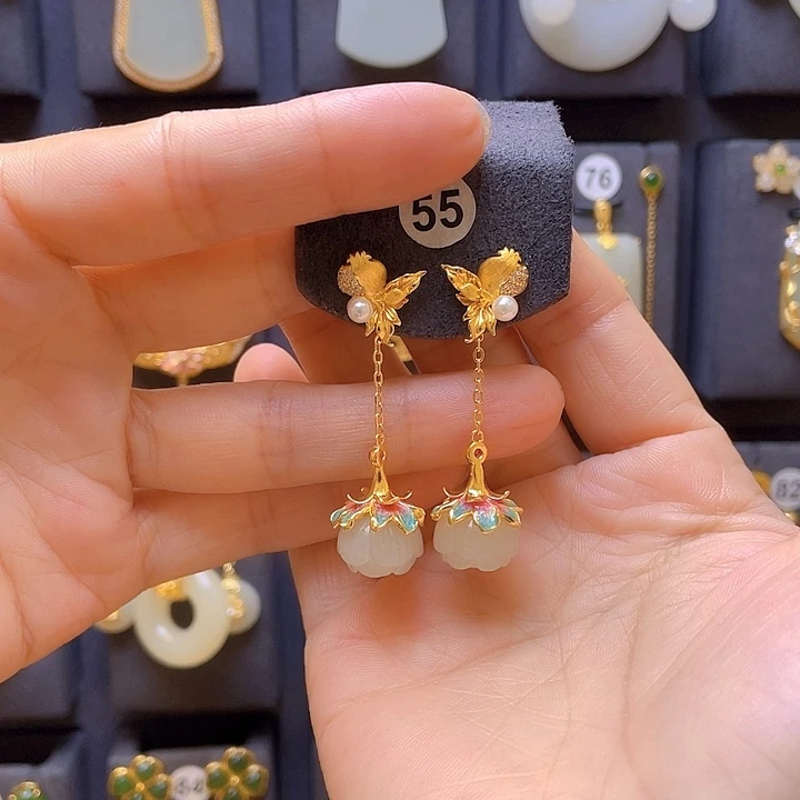 和田玉银S925镀金镶嵌耳饰