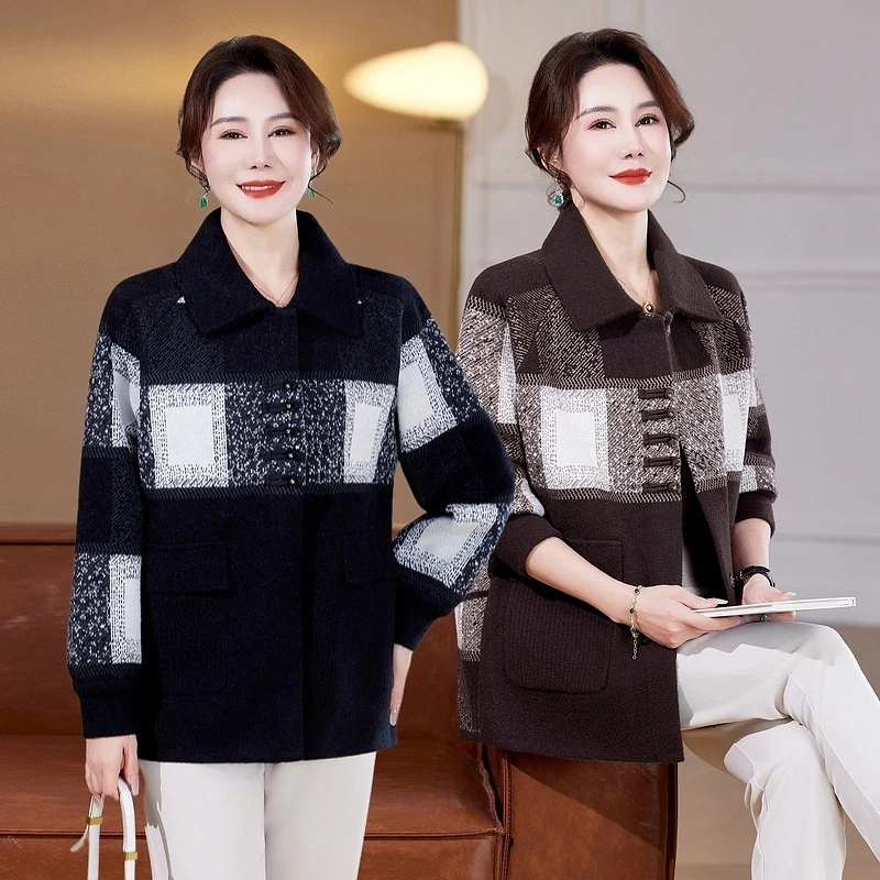 中年妈妈春装新款针织外套中老年妇女春秋气质短款时尚开衫上衣服