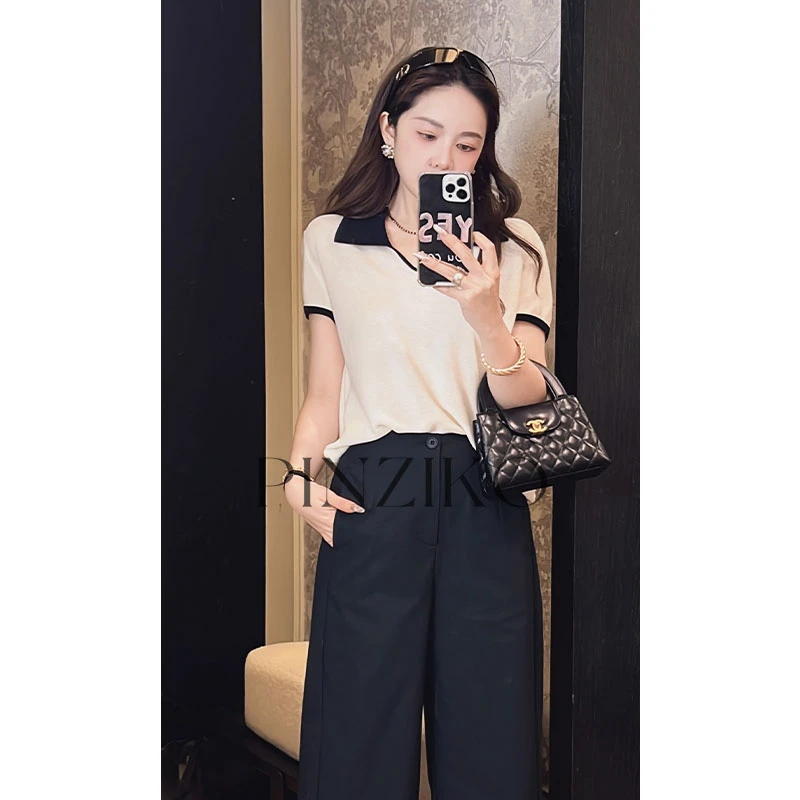 pinziko南法假日~100莱赛尔天丝小U领夏季通勤百搭显瘦短袖TJF208