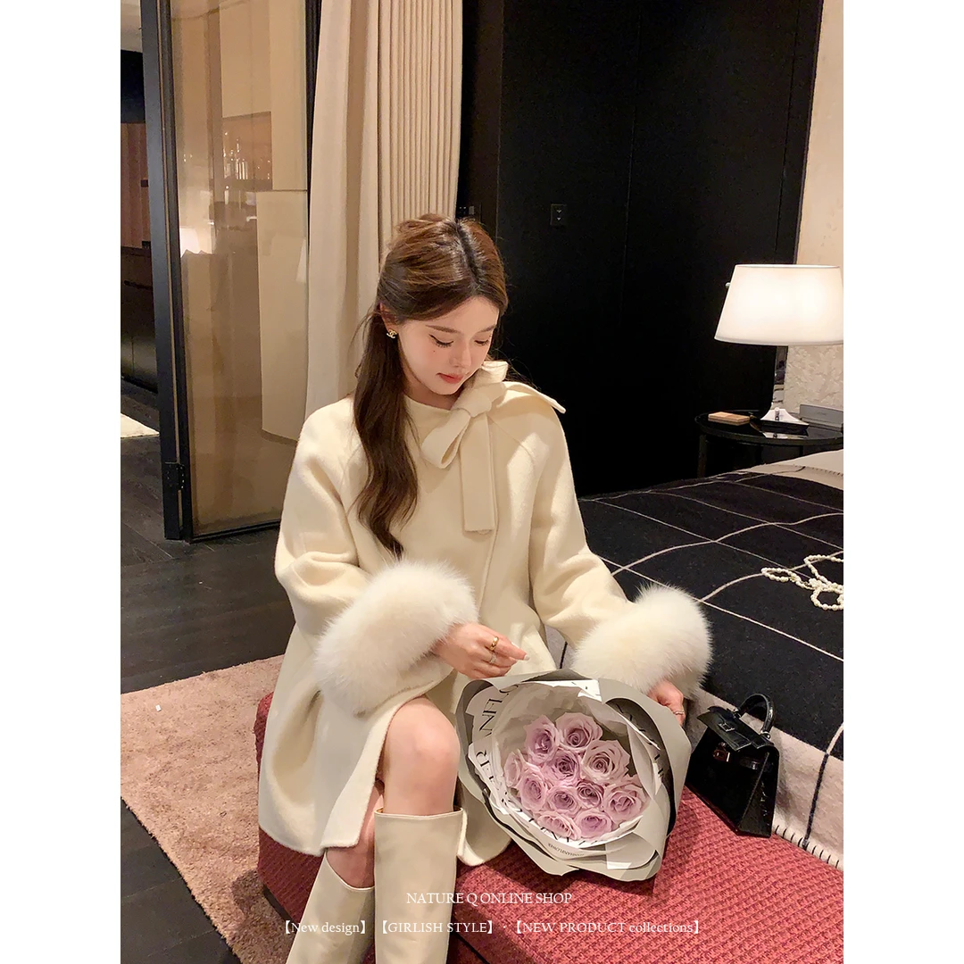 杨小卷 富家千金100狐狸毛白色毛呢外套女法式斗篷大衣双面呢