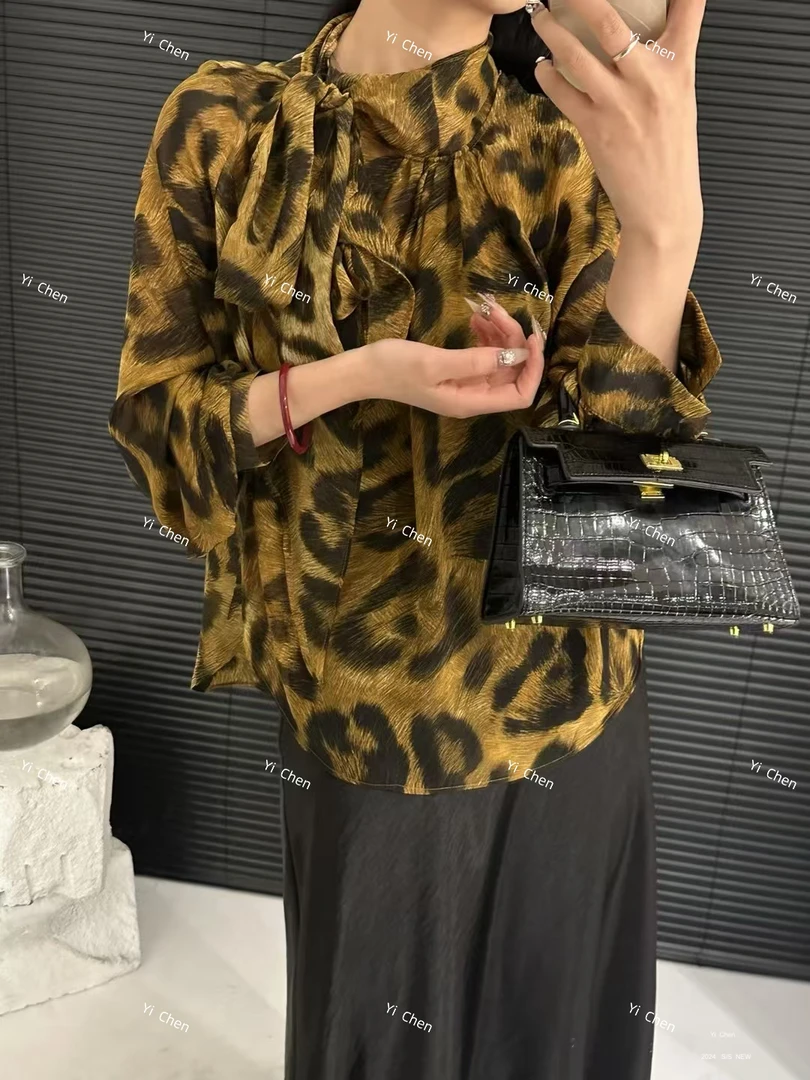 气质大女主新款豹纹飘带设计长袖T恤