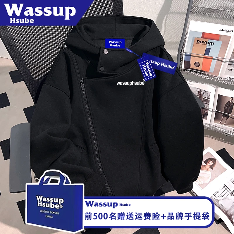 WASSUP HSUBE简约潮牌印花外套秋冬加绒连帽开衫男女拉链黑色卫衣