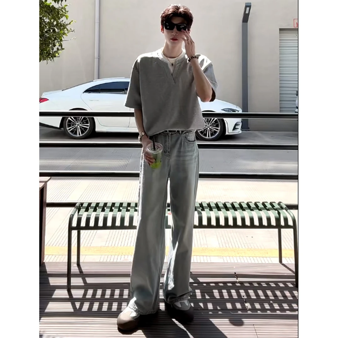 100%纯棉美式个性灰插白假两件短袖t恤男女夏季V领休闲宽松上衣潮