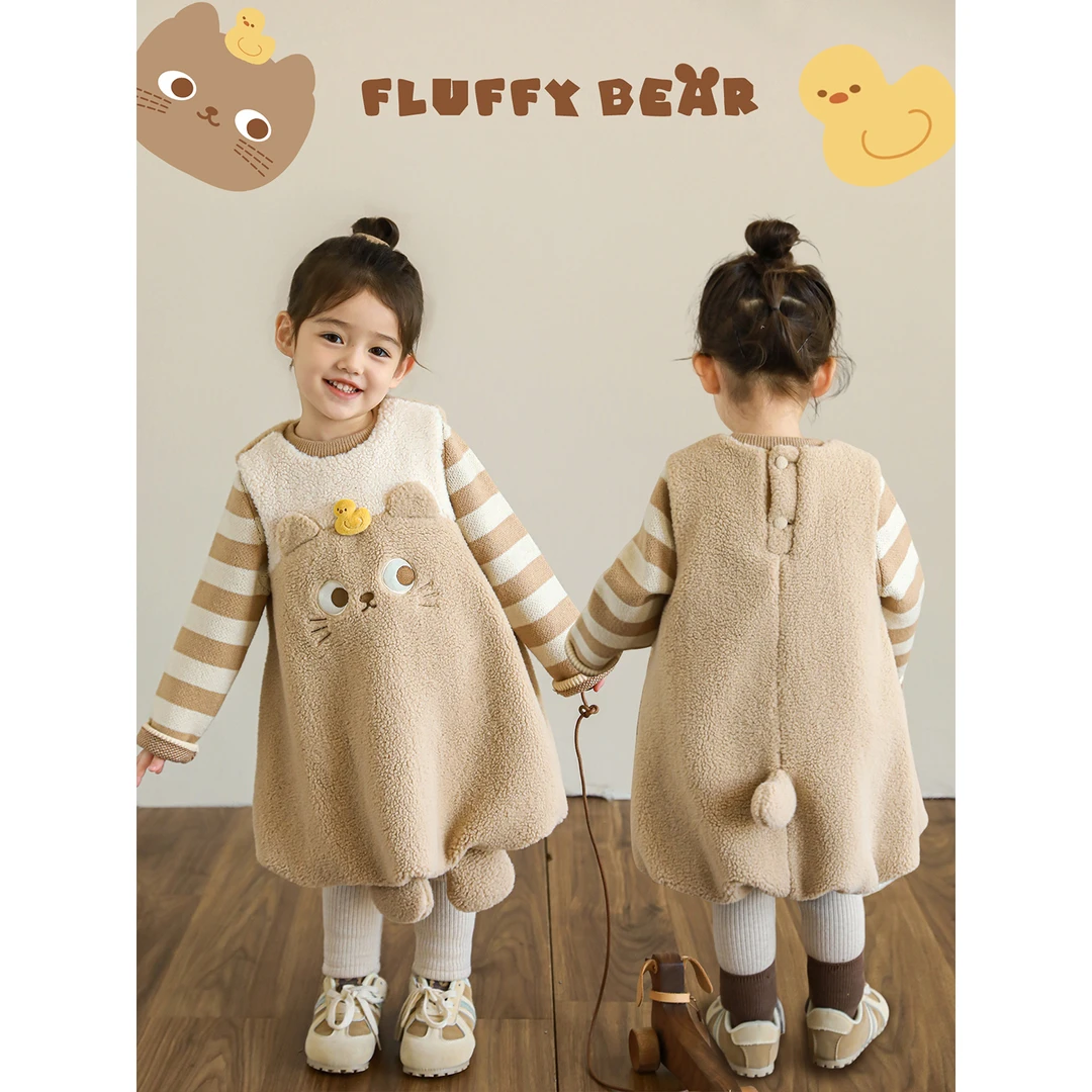 清 幼悠【猫萌绒裙】冬贰波女童童装猫咪造型加厚毛绒裙D4303