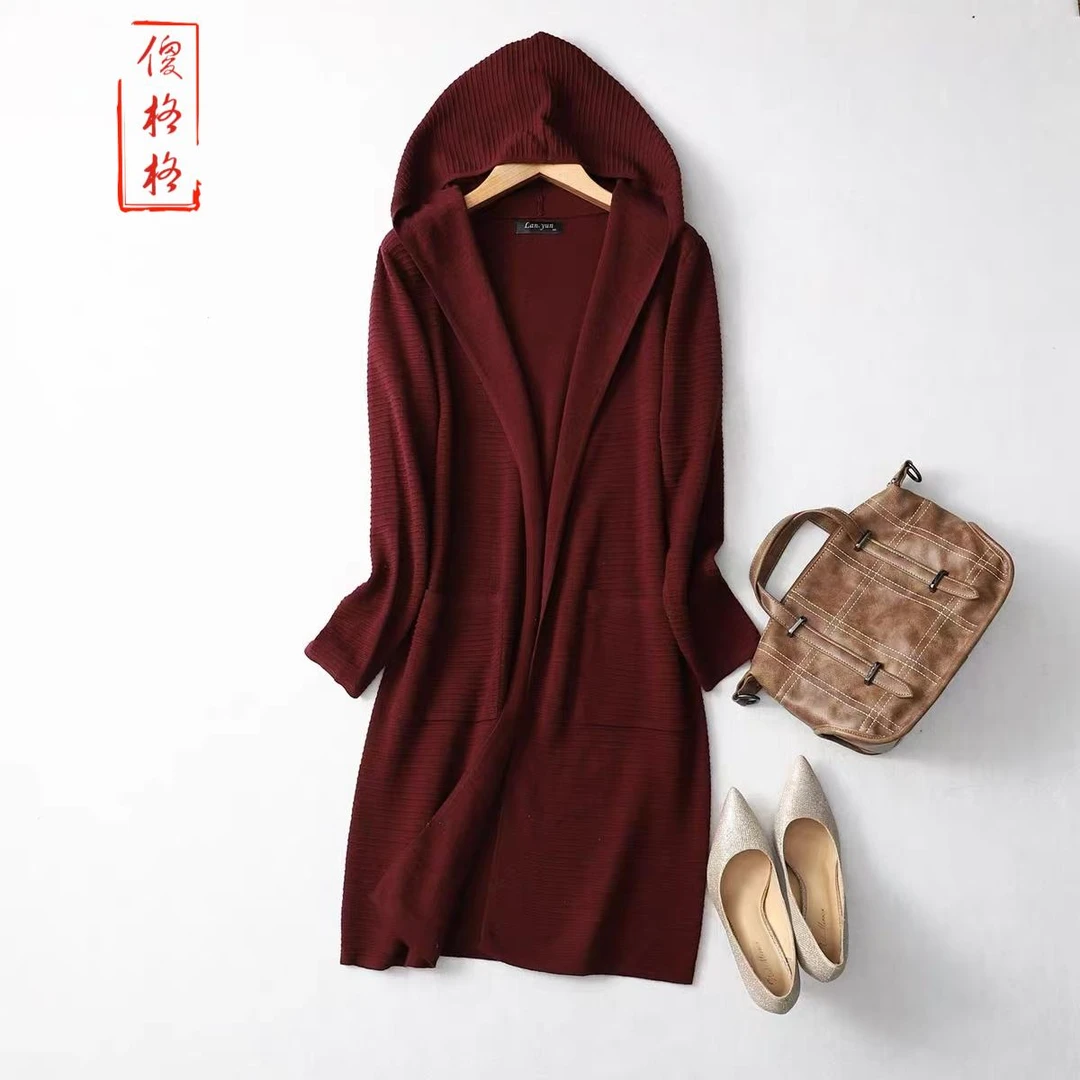 877新款桑蚕丝羊绒中长款连帽针织开衫外套