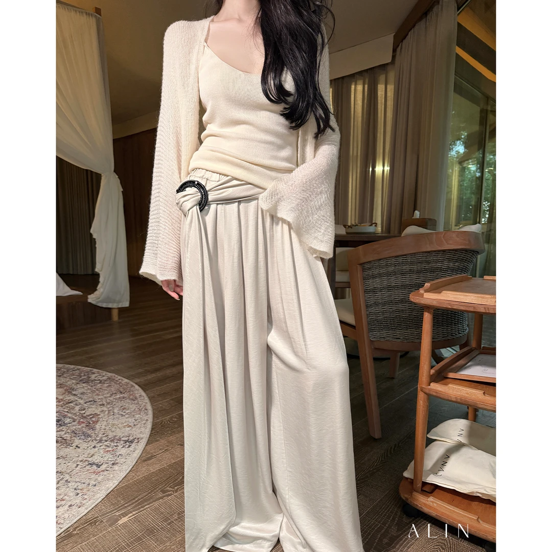 阿琳ALIN【极简线条】缎面高腰西装裤女垂感薄直筒阔腿裤秋AL5GSK11