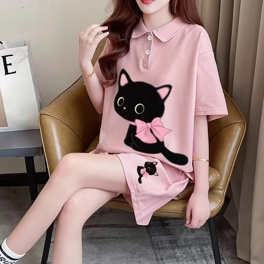 （现货）女童儿童POLO领短袖短裤套装夏季宽松粉色小猫休闲穿搭童装