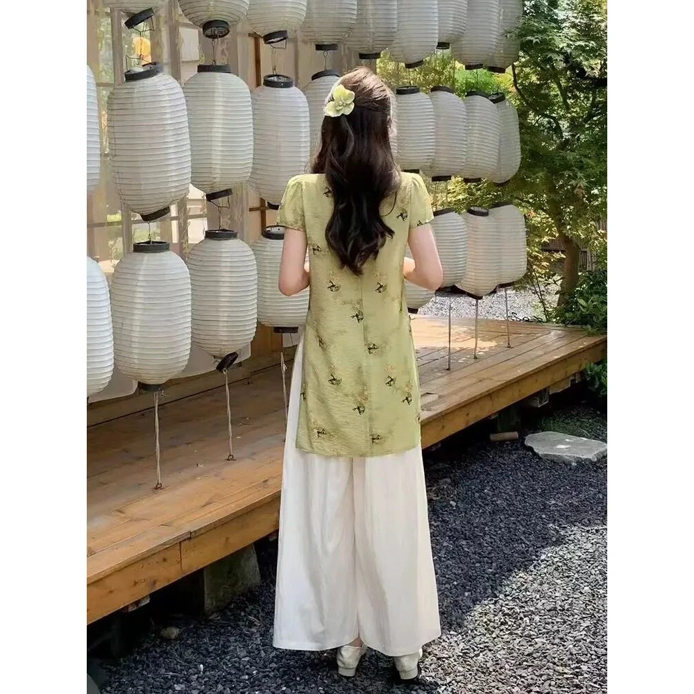 显瘦套装短袖碎花时尚夏季中国风新中式复古减龄宽松气质上衣绿色