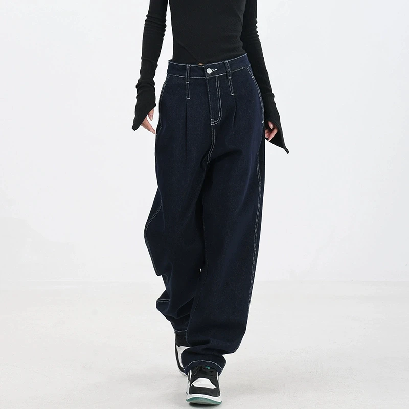 【秋冬五折】KEN STUDIO加绒休闲显瘦牛仔裤复古明线设计阔腿裤