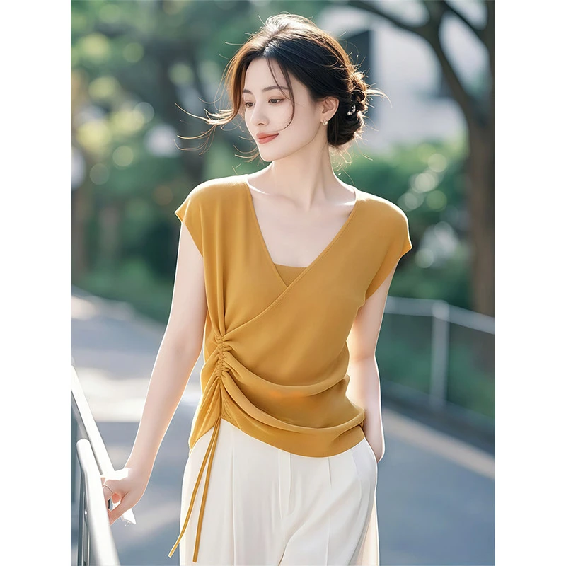 冰丝短袖t恤女2025新夏季爆款设计感超好看独特漂亮抽绳针织上衣