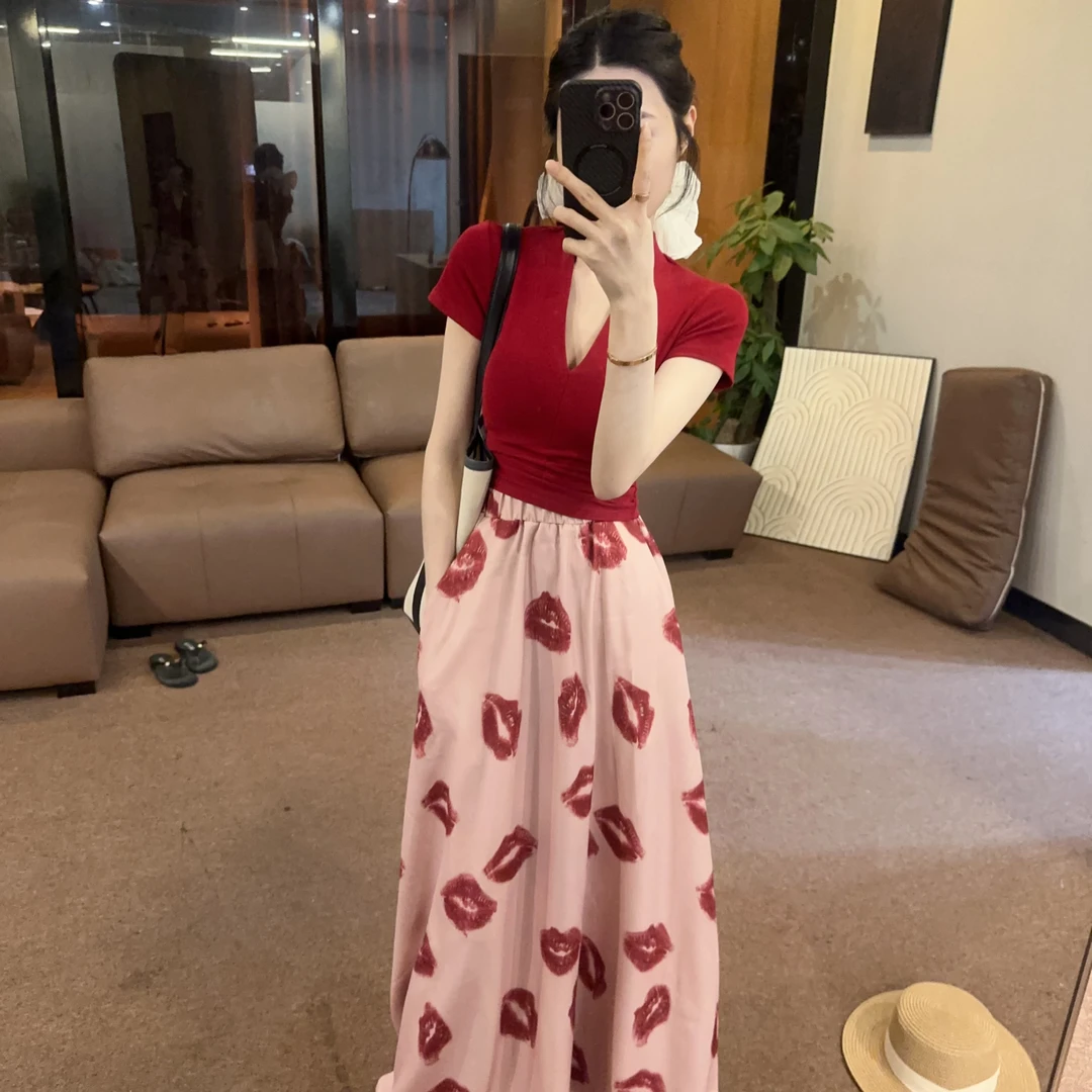 【OS&oneshow】韩系休闲松紧腰印花半裙2025新款显瘦上衣a字裙套装