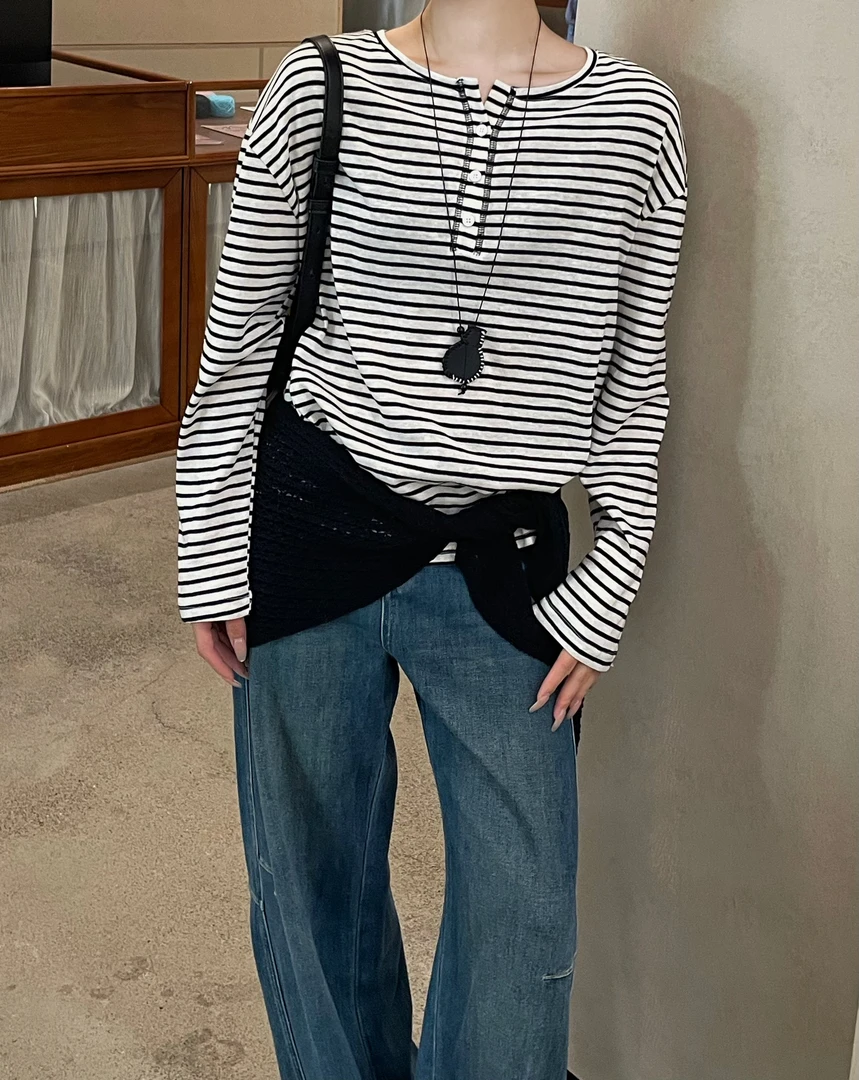 温柔瑶-键盘家秋款福利#百搭条纹圆领半纽扣上衣kc#2607