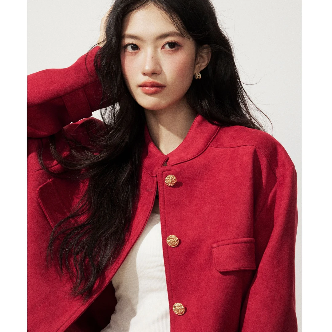 复古红色高级感麂皮立领短款外套女秋季韩系穿搭休闲宽松夹克上衣