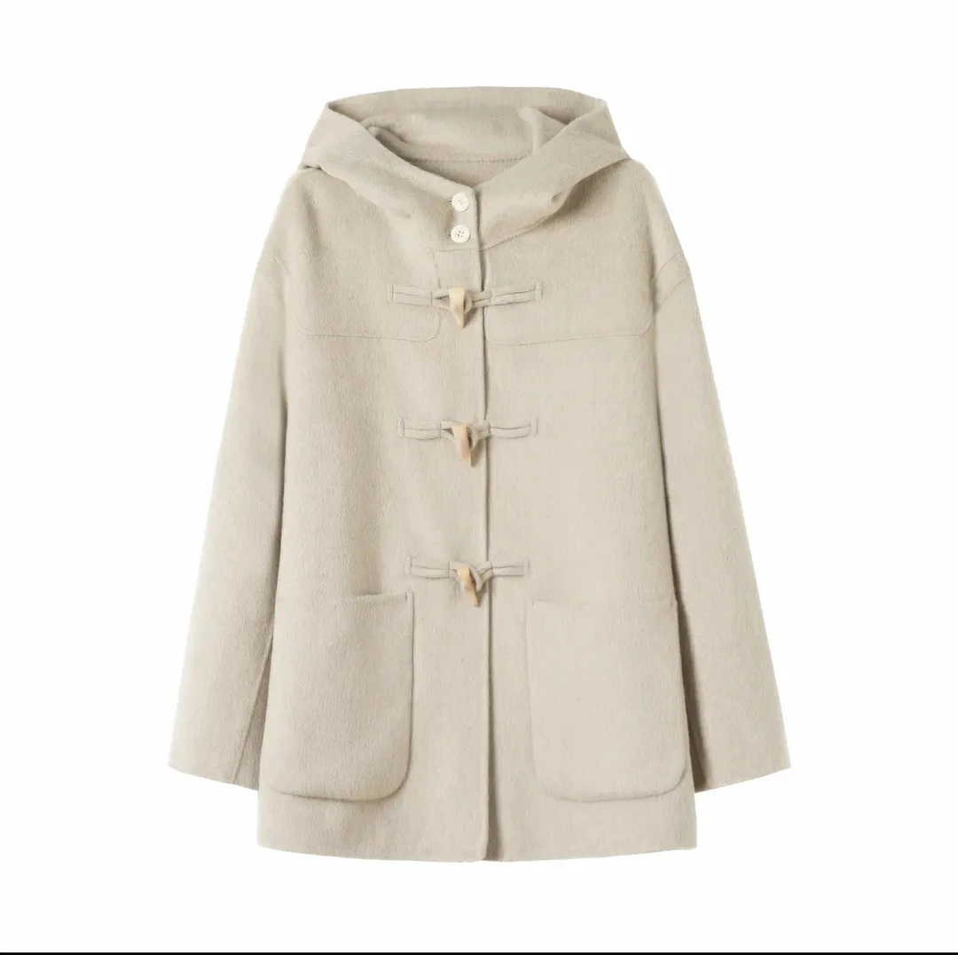 【芊雅】时尚宽松版牛角扣连帽款双面尼羊毛大衣女款女装
