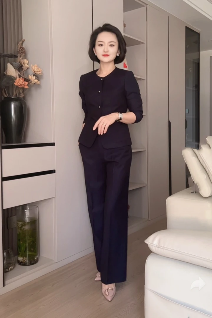 宝蓝色圆领长袖修身显瘦时尚职业直筒裤西装裤西装裙套装单件