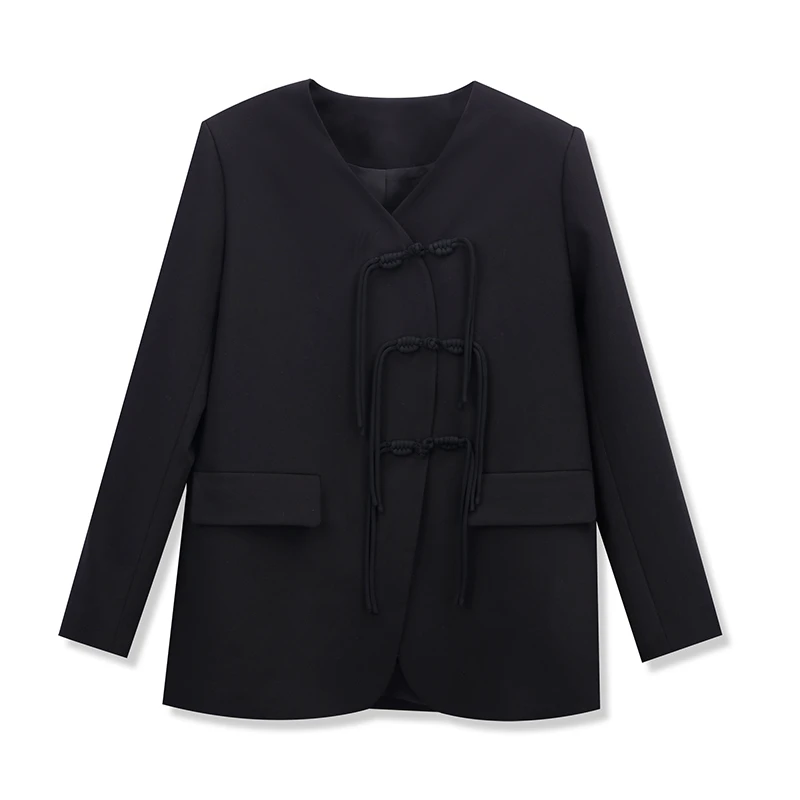 【婷哥专属】F52686 新中式盘扣V领百搭国风黑色西装