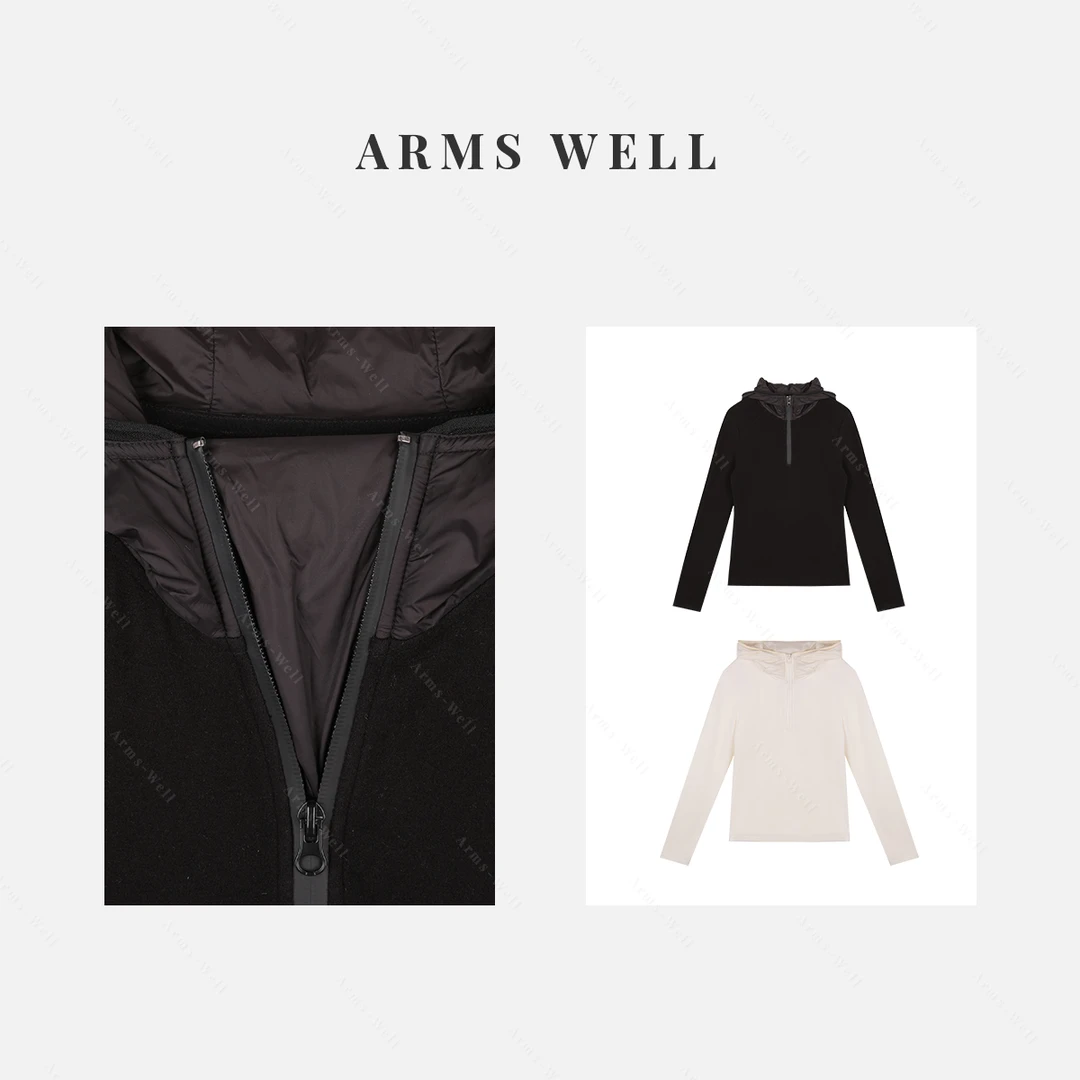 ARMS WELL王囡囡 黑/白巴巴料拉链连帽拼接长袖上衣 L318