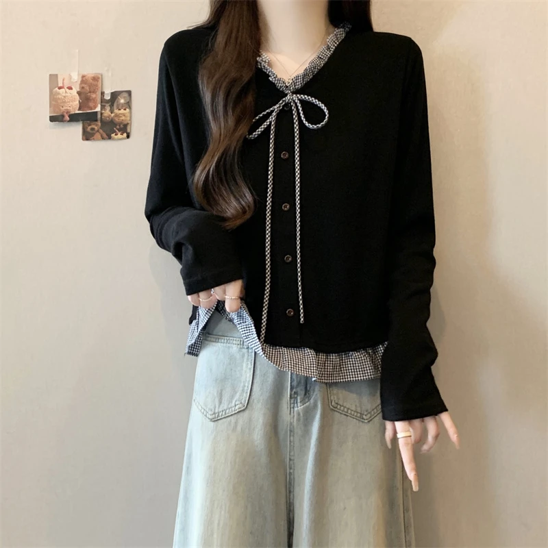 大码女装遮肚子木耳边拼接假两件长袖衬衫春秋胖妹妹显瘦别致上衣
