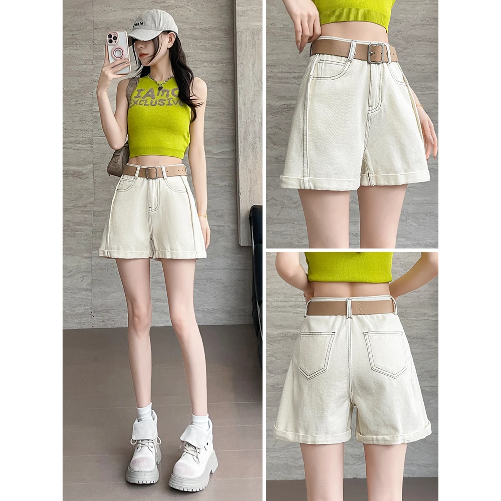 杏色辣妹阔腿牛仔短裤女夏季薄款高腰显瘦宽松小个子直筒热裤