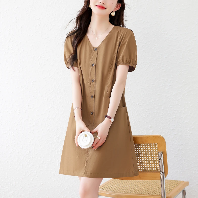 法式气质款V领连衣裙女2025夏季新款设计感大码胖MM遮肉显瘦A字裙