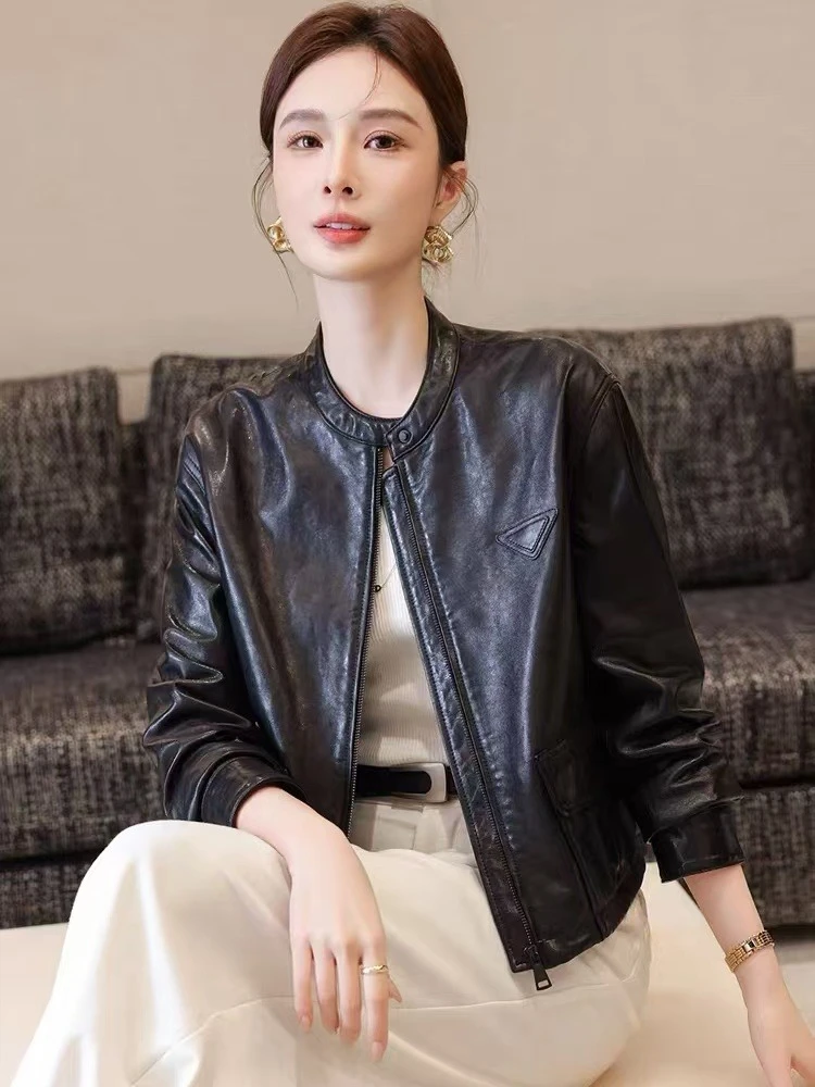 高档皮衣女2025春季圆领修身减龄小众设计感女款秋冬美式短款皮衣