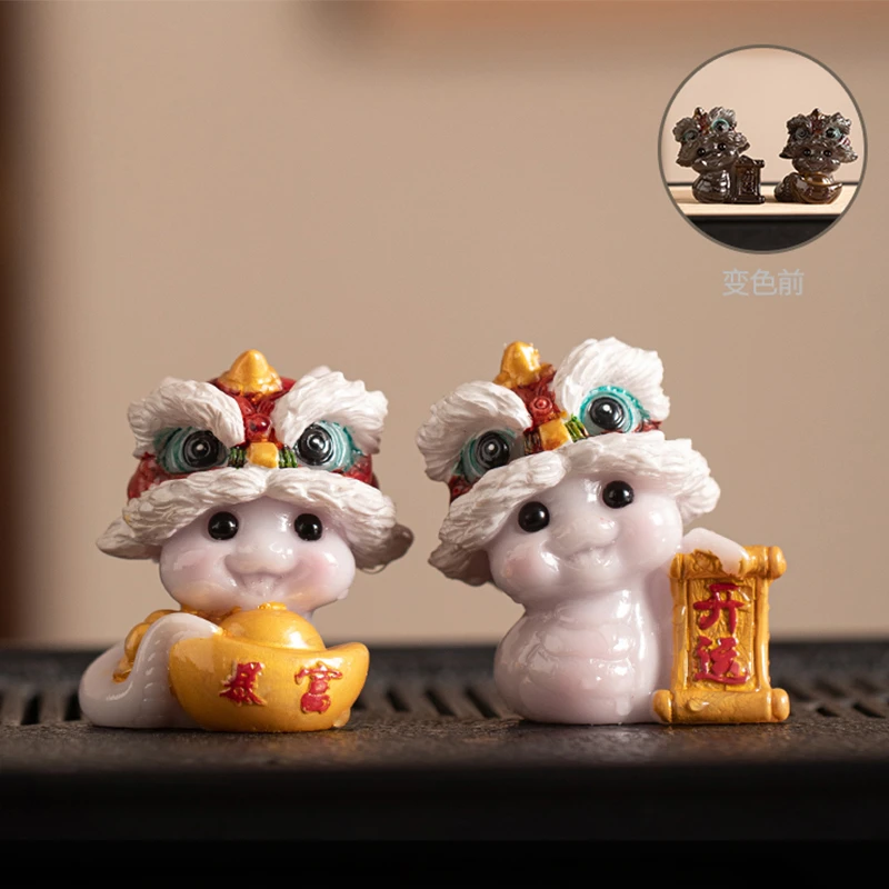 国潮风醒狮灵蛇茶宠摆件精品可养遇水变色茶玩茶具配件茶桌装饰品