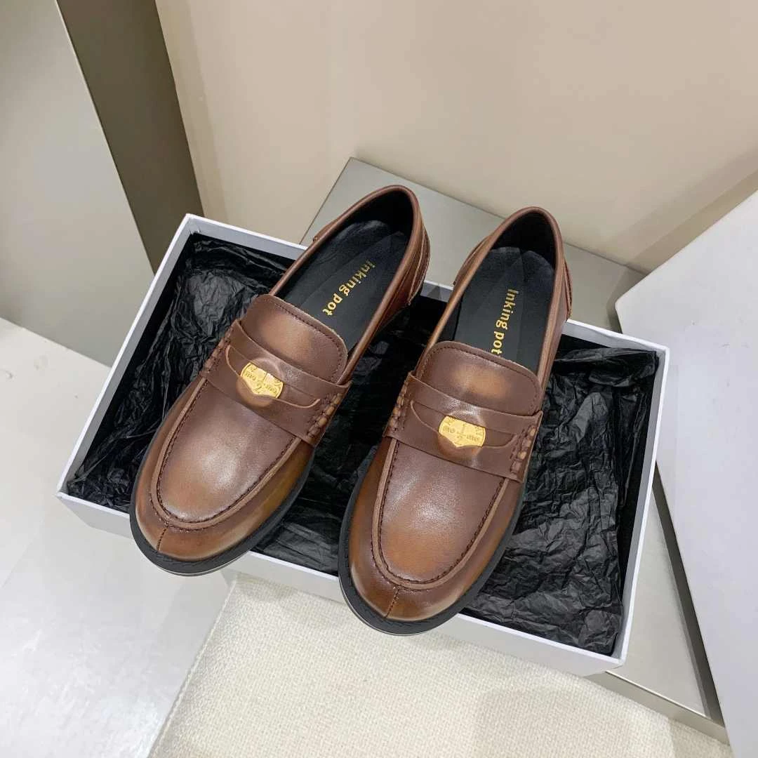 英伦风复古擦色小金币小皮鞋装饰扣乐福鞋女圆头平底皮鞋