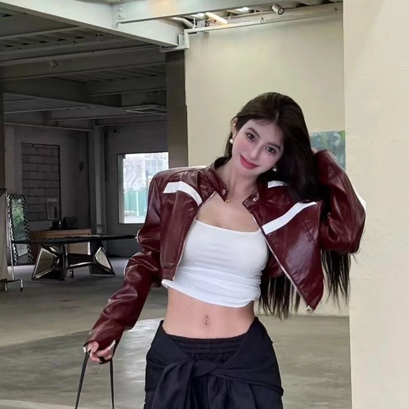 美式复古撞色高腰拼接红色机车皮衣外套女秋季新款辣妹超短皮夹克