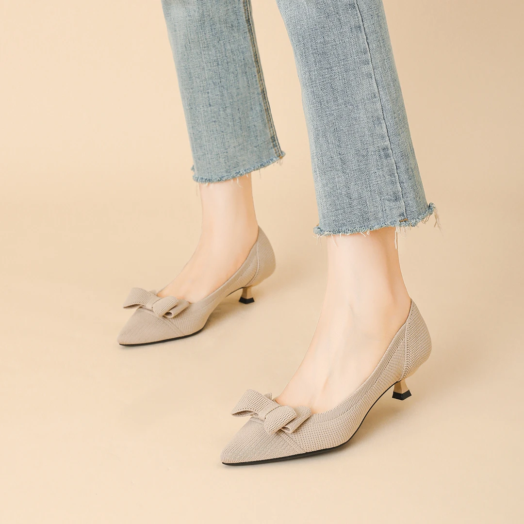 甜美蝴蝶结单鞋女高跟鞋2025爆款洋气法式尖头单鞋小猫跟工作鞋