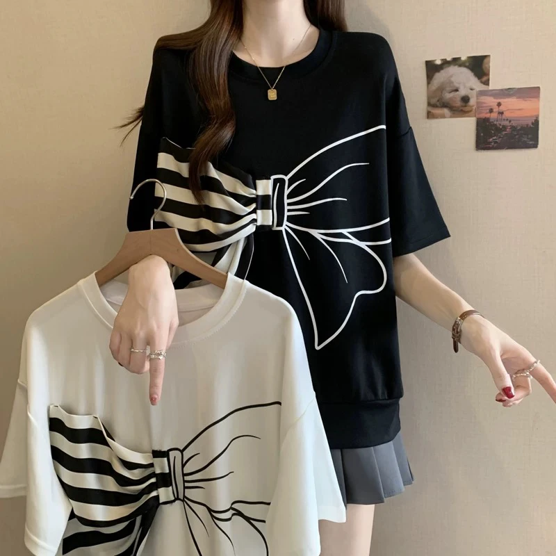 新疆包邮【T073】不对称蝴蝶结T恤-衣长56