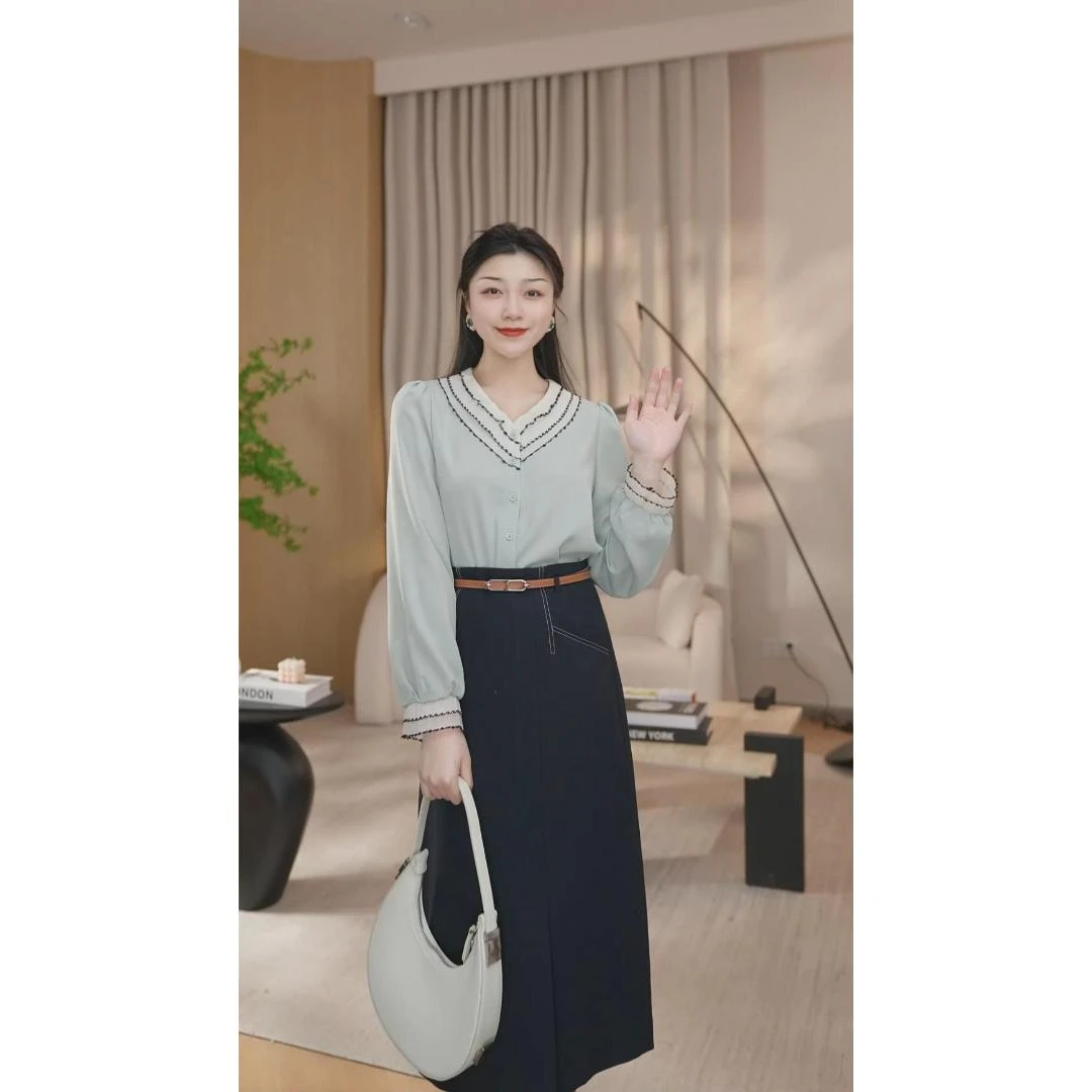 曼贝欧若风洋气衬衫女长袖2025春季爆款衬衣8591322A豆荚绿【小雪】