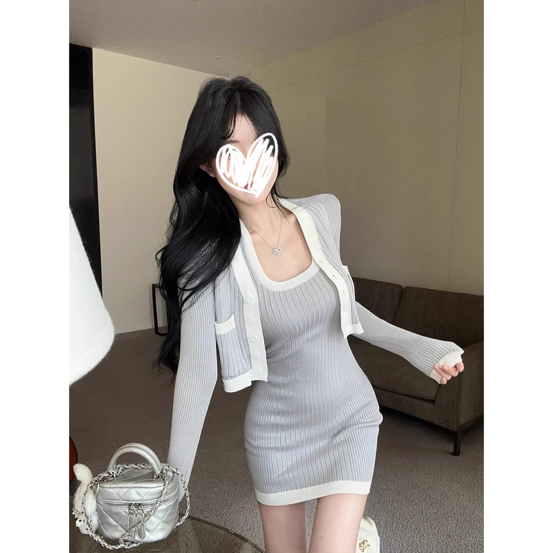 纯欲小香风气质套装女秋性感高级感吊带连衣裙长袖针织开衫两件套