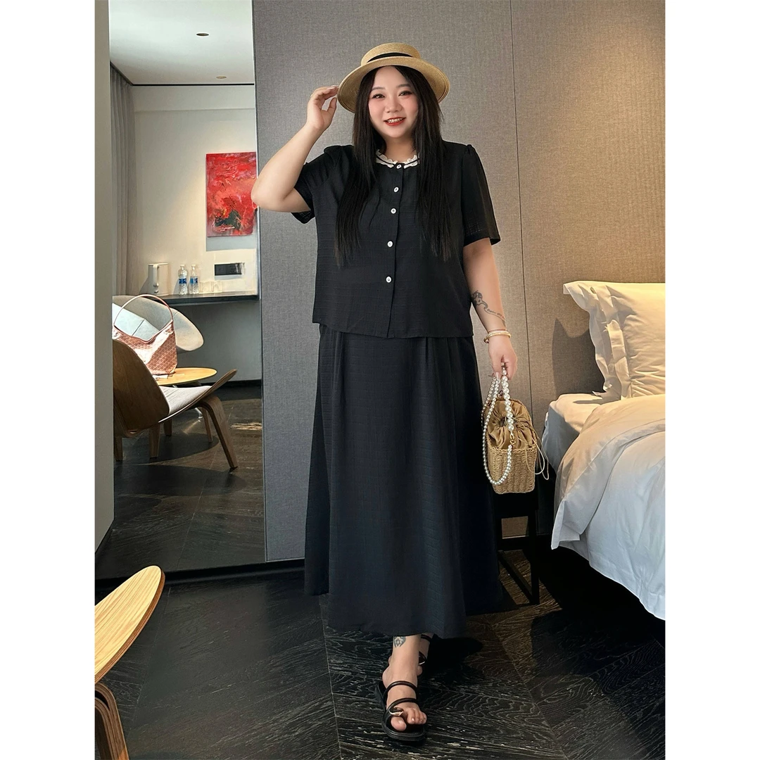 清潭贵女 / 松弛盎然短袖衬衫气质半身裙两件套11376花契大码
