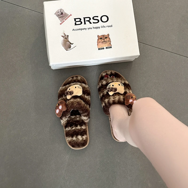 卡通时尚拼色猫咪玩偶毛毛拖鞋女2025秋冬新款外穿厚底一字拖棉鞋