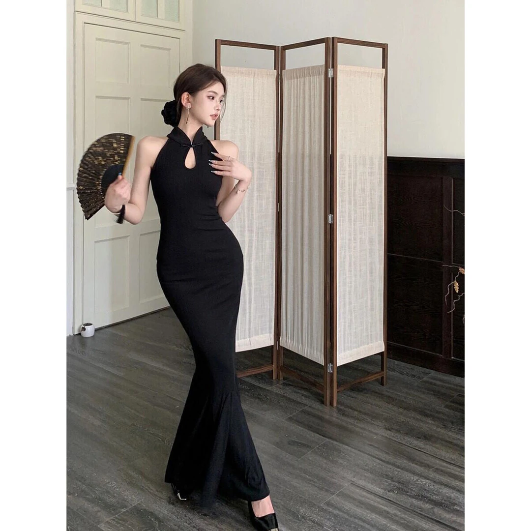 新中式国风黑色改良旗袍连衣裙女夏季高级性感晚礼服包臀鱼尾长裙