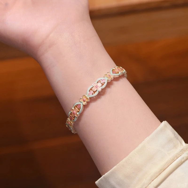 银9999花满筑描金珐琅彩镂空新中式宫廷风手镯送女友礼物