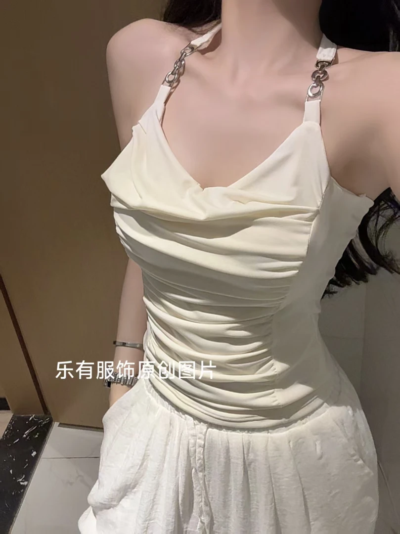 一线大牌高质量】链条褶皱挂脖背心吊带女夏季辣妹纯欲风性感美背