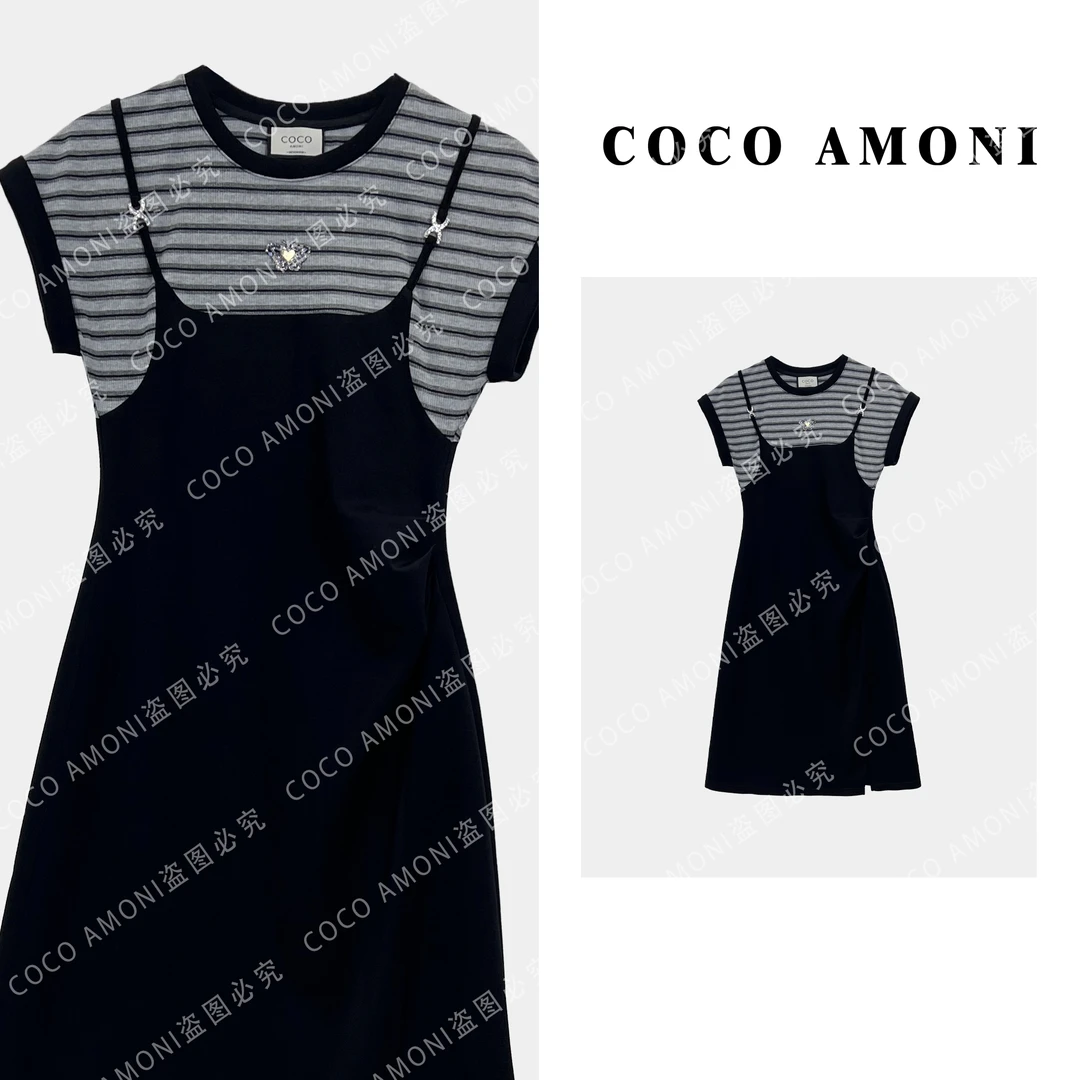 夏日轻奢爆款双肩设计女装拼接假两件收腰显瘦气质连衣裙AB1008