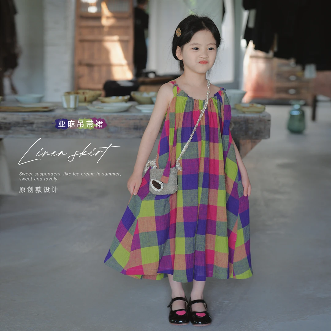 【七彩格】蓝小爸女童格子吊带裙2024夏季新款儿童复古连衣绑带长裙