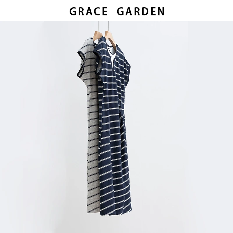 GRACE GARDEN【日杂版！假两件叠色！】收腰条纹圆领连衣裙夏DR5E2321