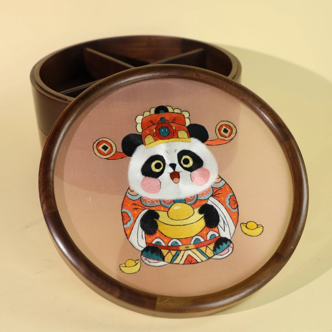 【熊猫】非遗苏绣纯手工熊猫胡桃木干果盒